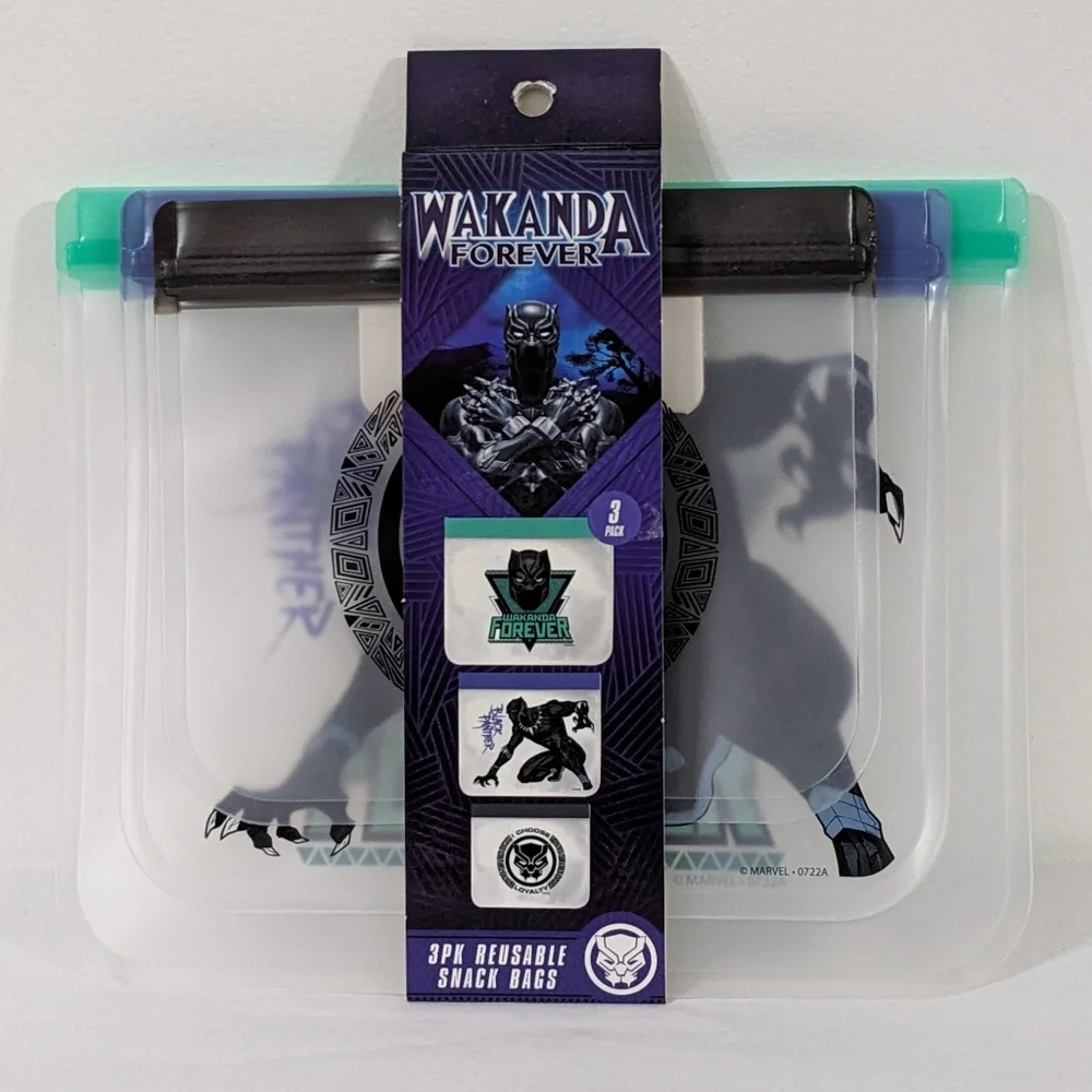 Marvel Black Panther Wakanda Forever 3 Pack Reusable Snack Bags, New With Tag
